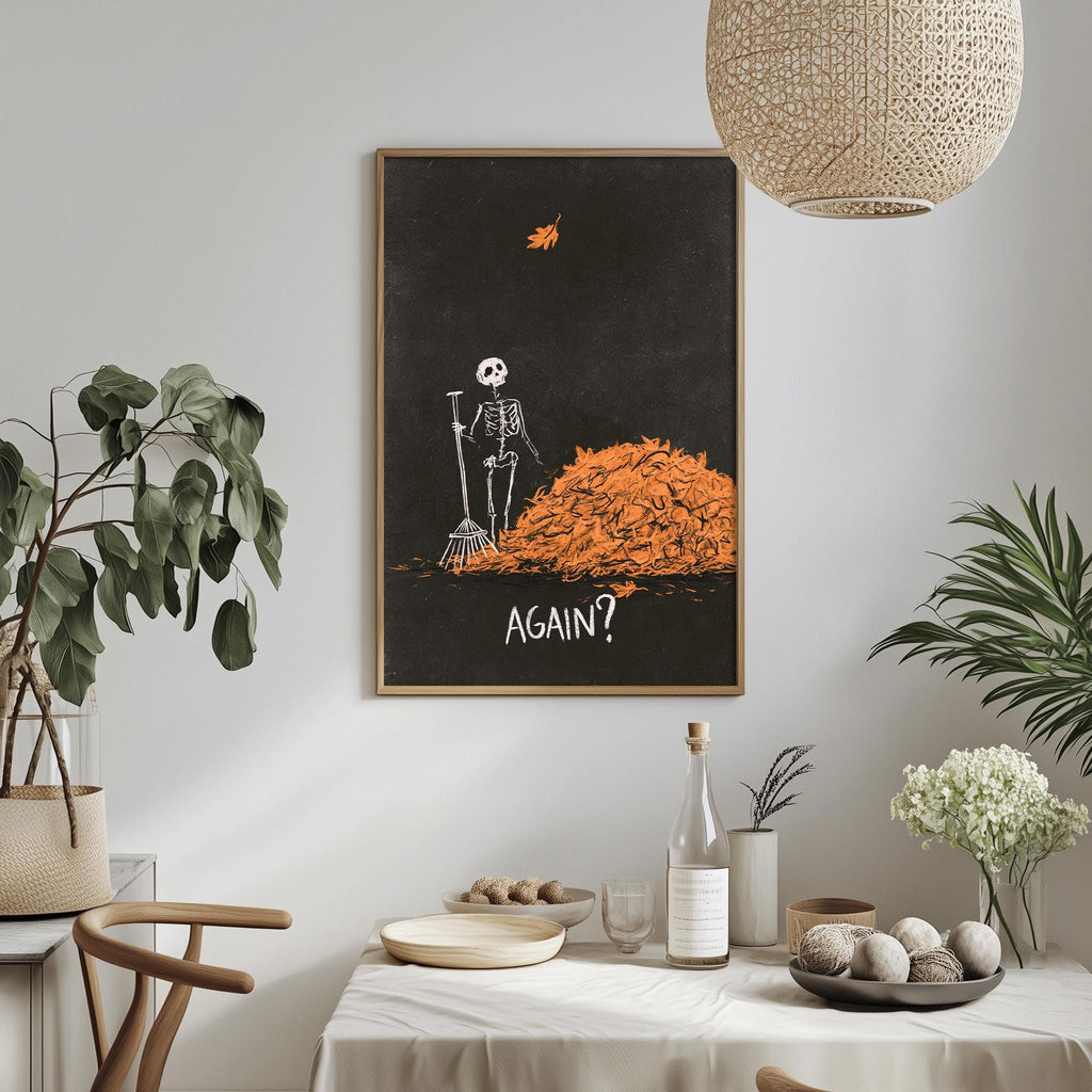 a skeleton standing in front of a pile of orange leaves, with the word "AGAIN?" written below the skeleton.