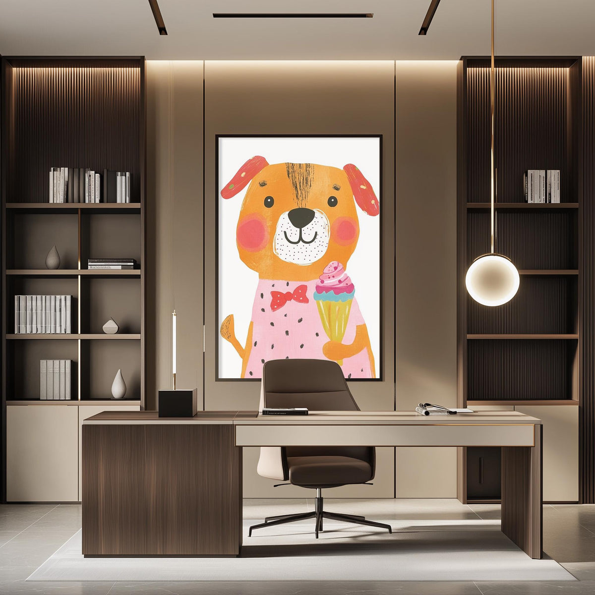 a modern office space with a large, colorful painting of a dog holding a cupcake as the focal point. The office has a wooden desk, a chair, and a bookshelf filled with books. The overall design and decor create a playful and inviting atmosphere.