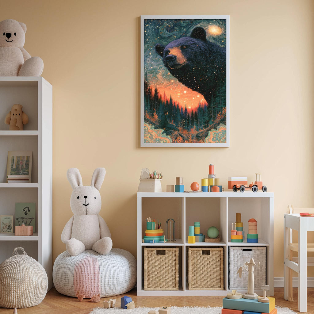 a cozy and colorful children's bedroom with a large stuffed bunny, a bookshelf filled with toys, and a framed painting of a bear in the background.