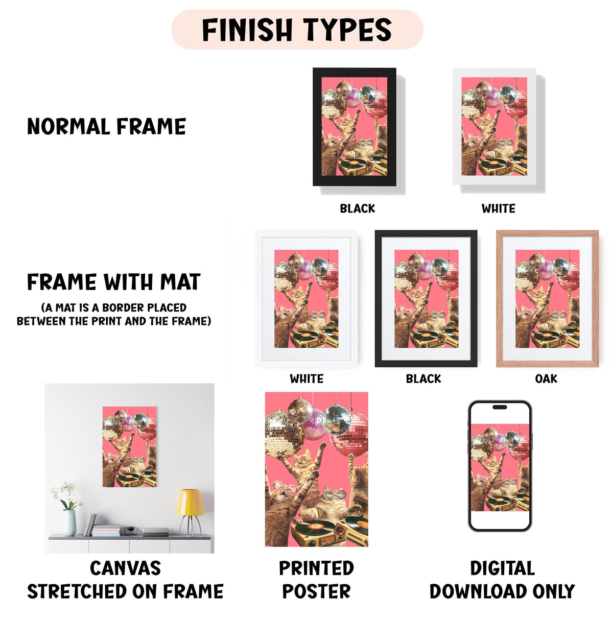 various types of framed artwork, including a normal frame, a frame with a mat, a white frame, a black frame, an oak frame, a white canvas stretched on a frame, a printed poster, and a digital download only.
