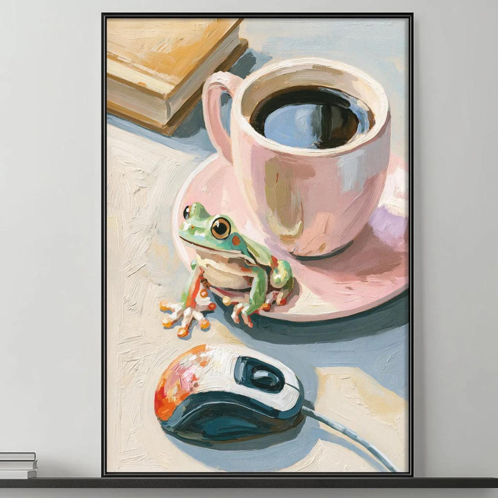 a cozy living room with a gray couch, a coffee table, and a painting of a frog sitting on a coffee cup. The painting is hanging on the wall above the couch, and the room has a minimalist and modern design.