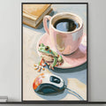 a cozy living room with a gray couch, a coffee table, and a painting of a frog sitting on a coffee cup. The painting is hanging on the wall above the couch, and the room has a minimalist and modern design.