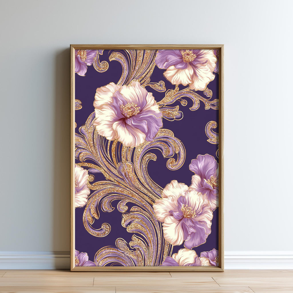 A framed print featuring a floral design with purple and white flowers against a dark purple background with gold scrollwork.