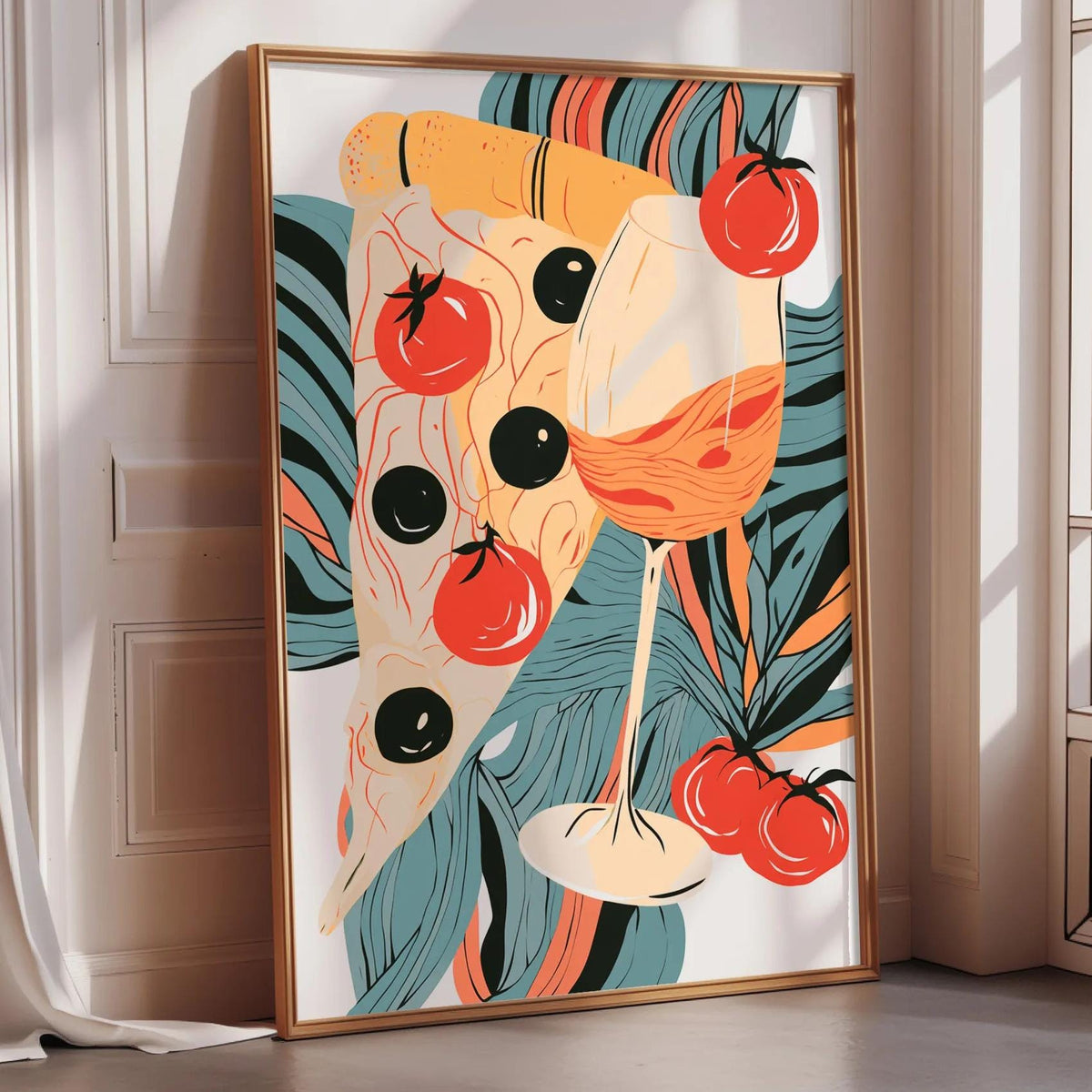 A framed illustration of a slice of pizza with tomatoes and a wine glass, set against a colorful background.