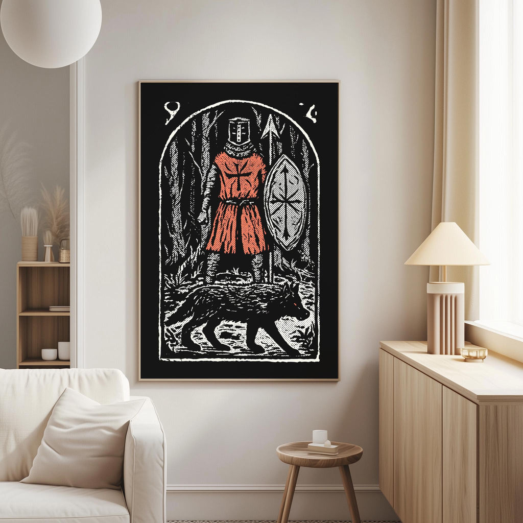 a large black and white illustration of a knight in armor standing in a forest, holding a shield and accompanied by a wolf.