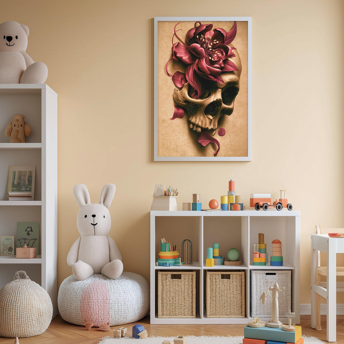 A child's bedroom with a white bookshelf, a stuffed rabbit, a toy train, and a framed artwork featuring a skull with a flower on it.