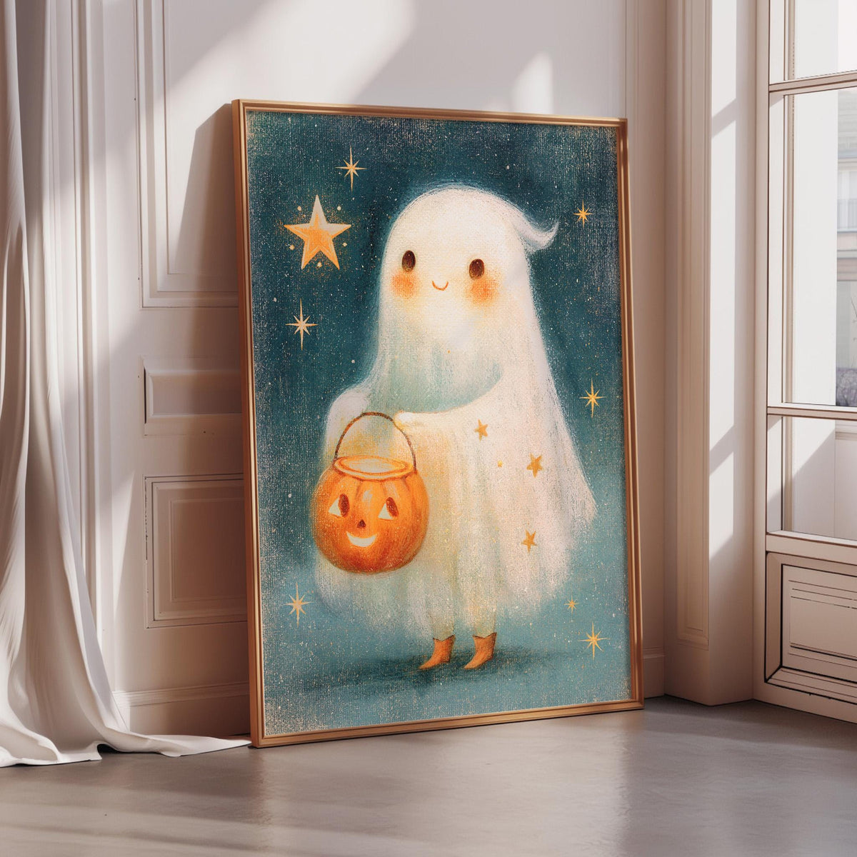 a Halloween-themed painting of a ghost holding a pumpkin, set against a starry night sky background.
