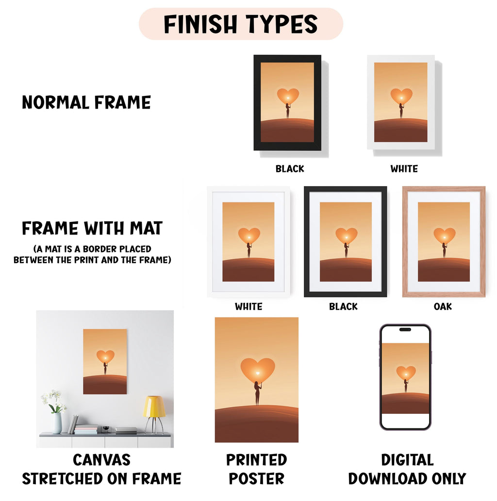 various types of artwork, including a normal frame, a frame with a mat, a white frame, a black frame, a white frame, a black frame, an oak frame, a canvas stretched on a frame, a printed poster, and a digital download only.