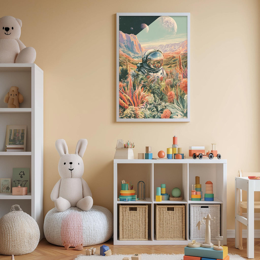 A child's bedroom with a large poster of an astronaut on the wall, a stuffed rabbit, a bookshelf, and a toy train set.
