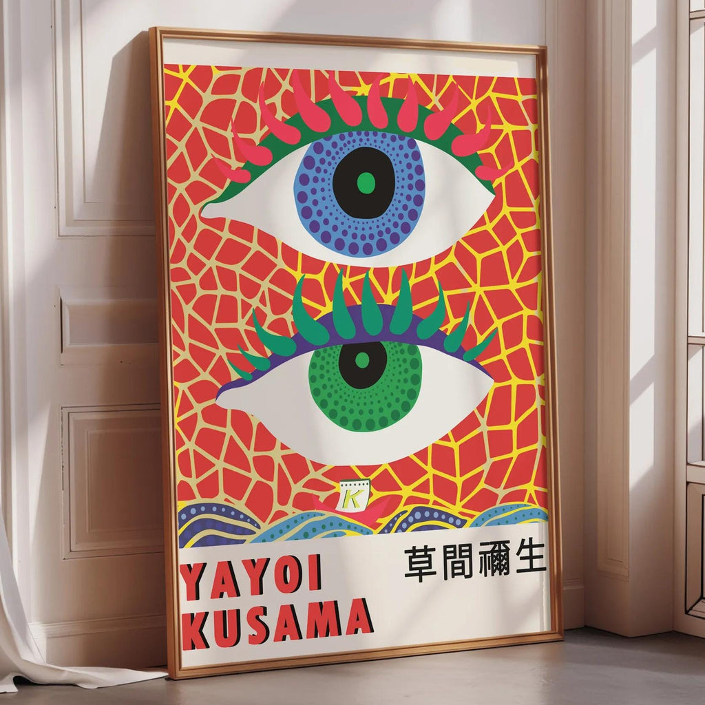 A colorful poster featuring two stylized eyes against a red and yellow mosaic background, with the text "YAYOI KUSAMA" below.