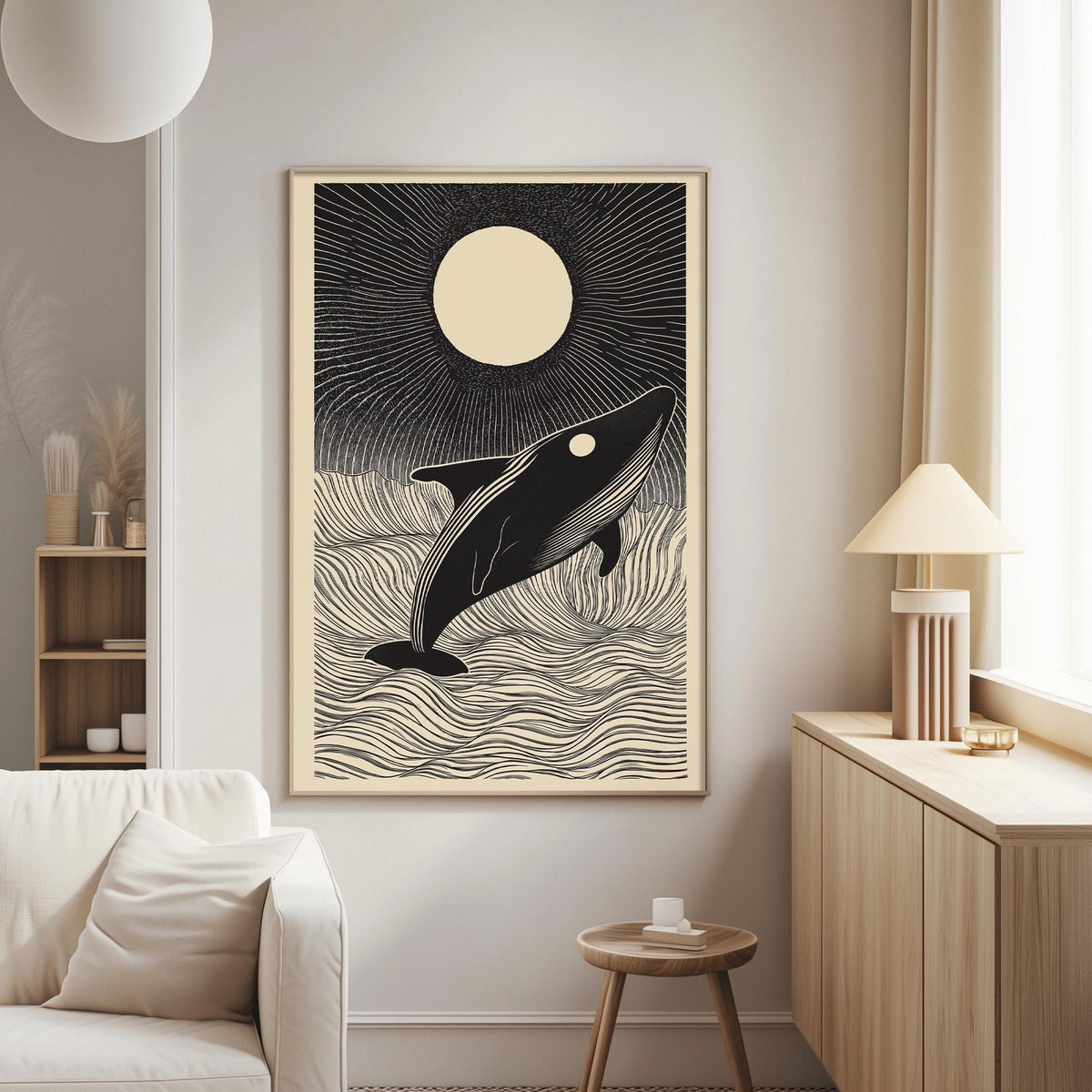 a large black and white artwork depicting a whale jumping out of the ocean, with a large moon in the background. The artwork is hanging on a wall in a living room setting, with a white sofa and a wooden side table nearby.