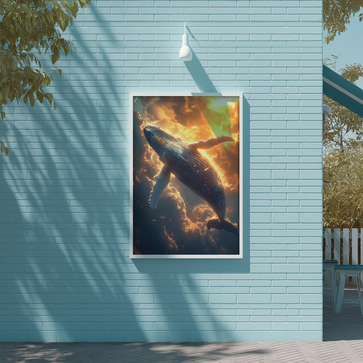 a large framed picture of a whale against a backdrop of a sunset sky, hanging on a blue brick wall.