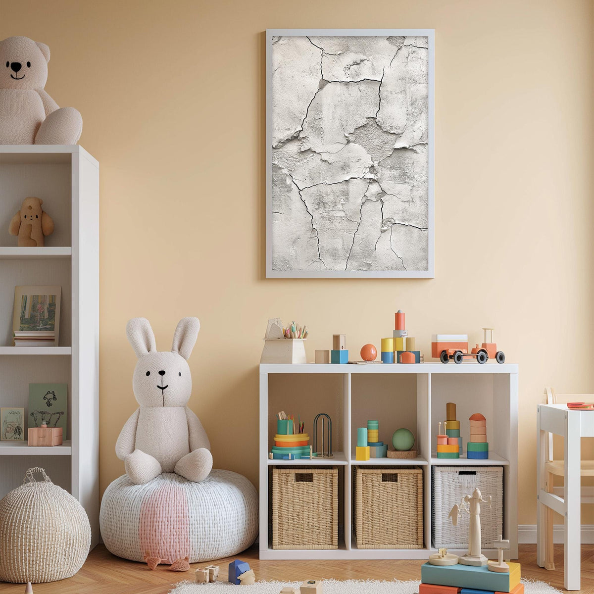 A cozy and colorful children's playroom with a white bookshelf, a plush rabbit, and various toys and storage containers.
