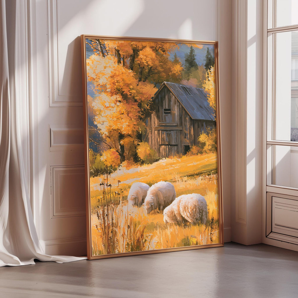 A framed painting depicting a pastoral scene with a wooden barn, sheep grazing in a field with autumn foliage, and a window in the background.