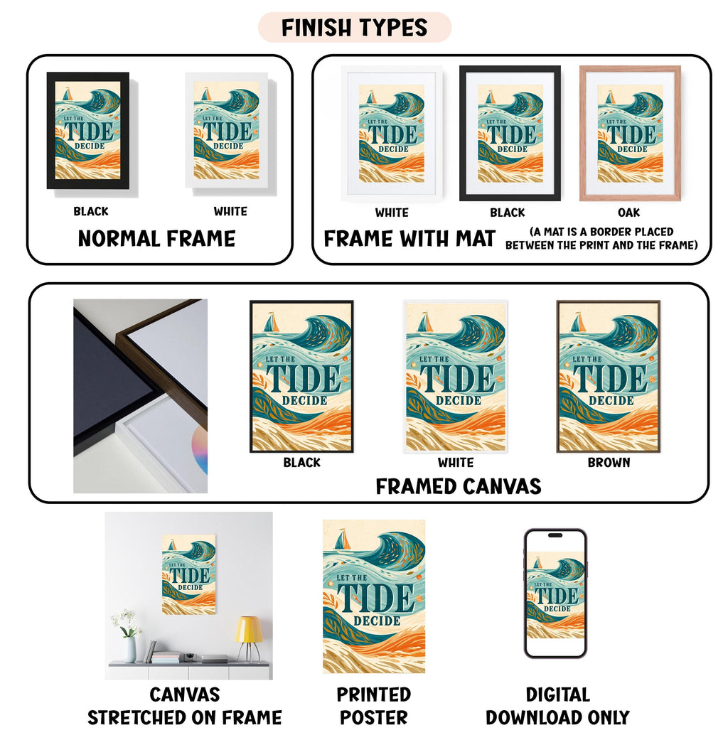 various finish types for a "Tide Decide" artwork, including canvas, framed canvas, printed poster, and digital download. The image showcases different frames and finishes for the artwork, allowing viewers to choose the most suitable option for their preferences and the available space on the wall.