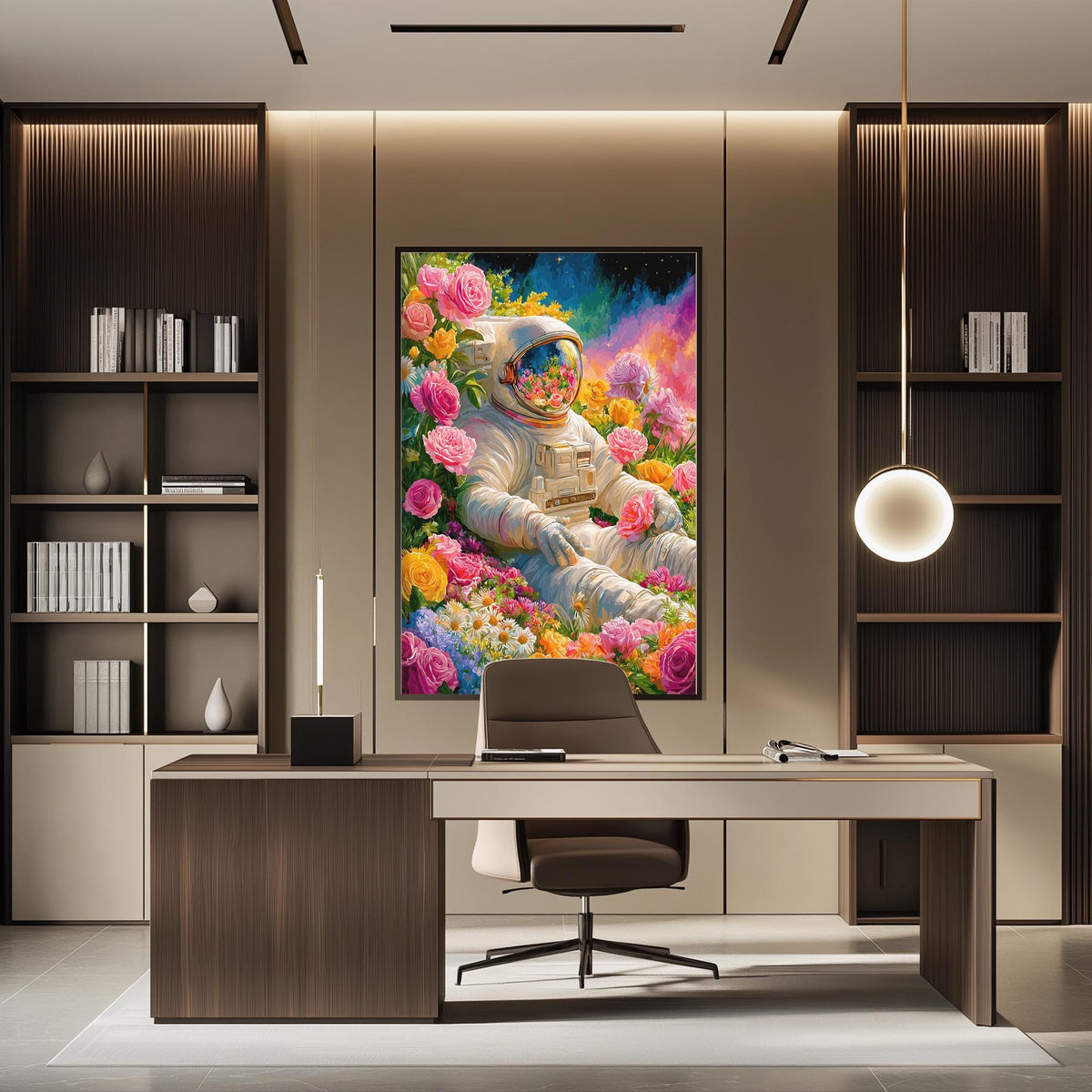 a modern office space with a large painting of an astronaut surrounded by a colorful floral scene on the wall. The office has a wooden desk, a chair, and a bookshelf filled with books.