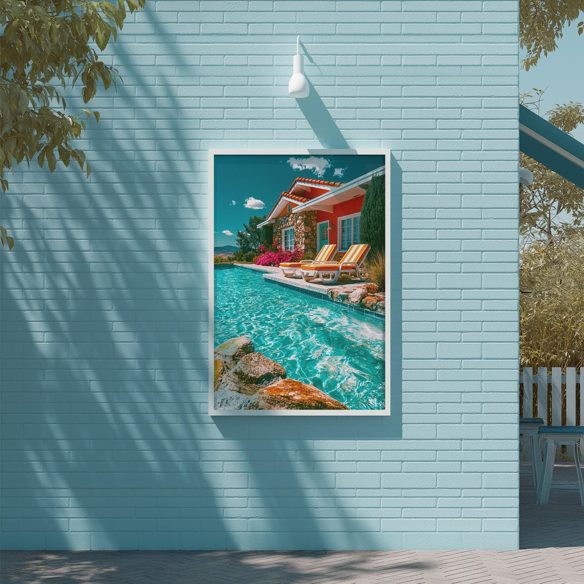 a vibrant and colorful painting of a swimming pool, with a house and lush greenery in the background.