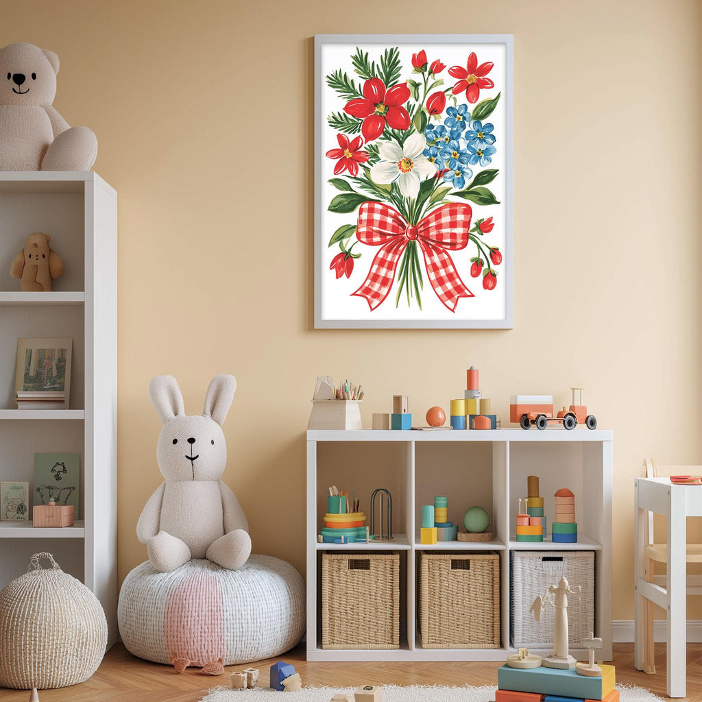 A cozy children's room with a white bookshelf, a plush rabbit, and a colorful toy box filled with toys. Above the bookshelf, there is a framed picture of a bouquet of flowers with a red and white checkered bow.