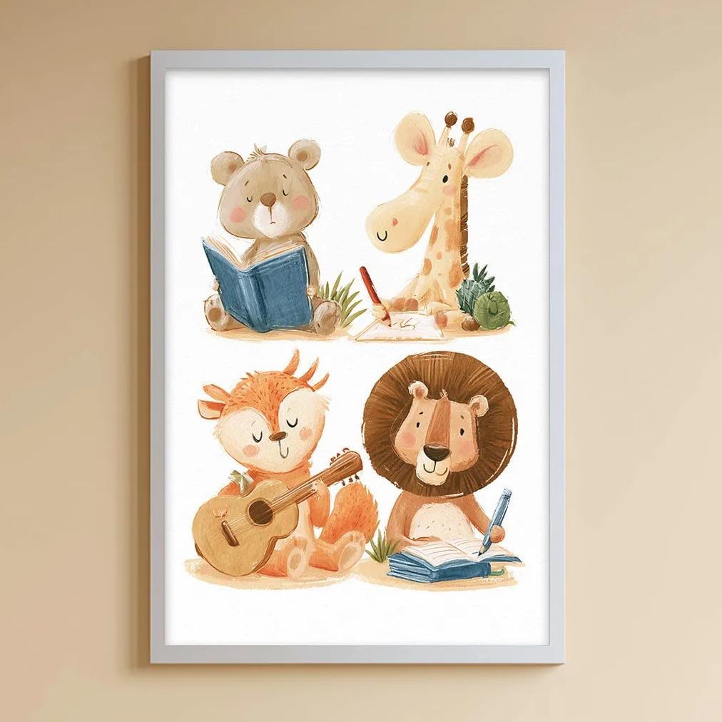 A cozy children's room with a bookshelf, a bean bag chair, and a toy chest filled with toys. Above the bookshelf is a framed illustration of various cartoon animals, including a bear, a giraffe, a lion, and a rabbit, along with a book and a guitar.