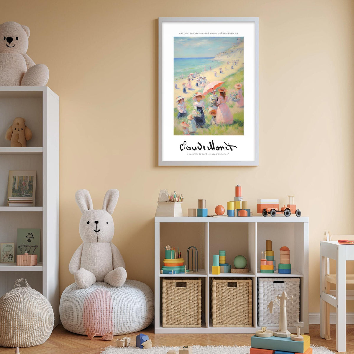 A cozy children's room with a large stuffed bunny, a bookshelf filled with toys, and a framed painting of a beach scene hanging on the wall.