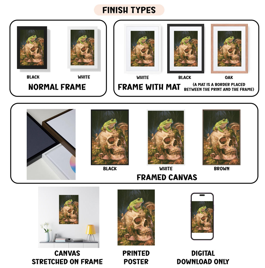 various types of artwork, including framed pictures of skulls, framed canvas prints, and digital images. The artwork is presented in different frames and mat colors, and the descriptions provided are limited to avoid redundancy and ensure clarity.