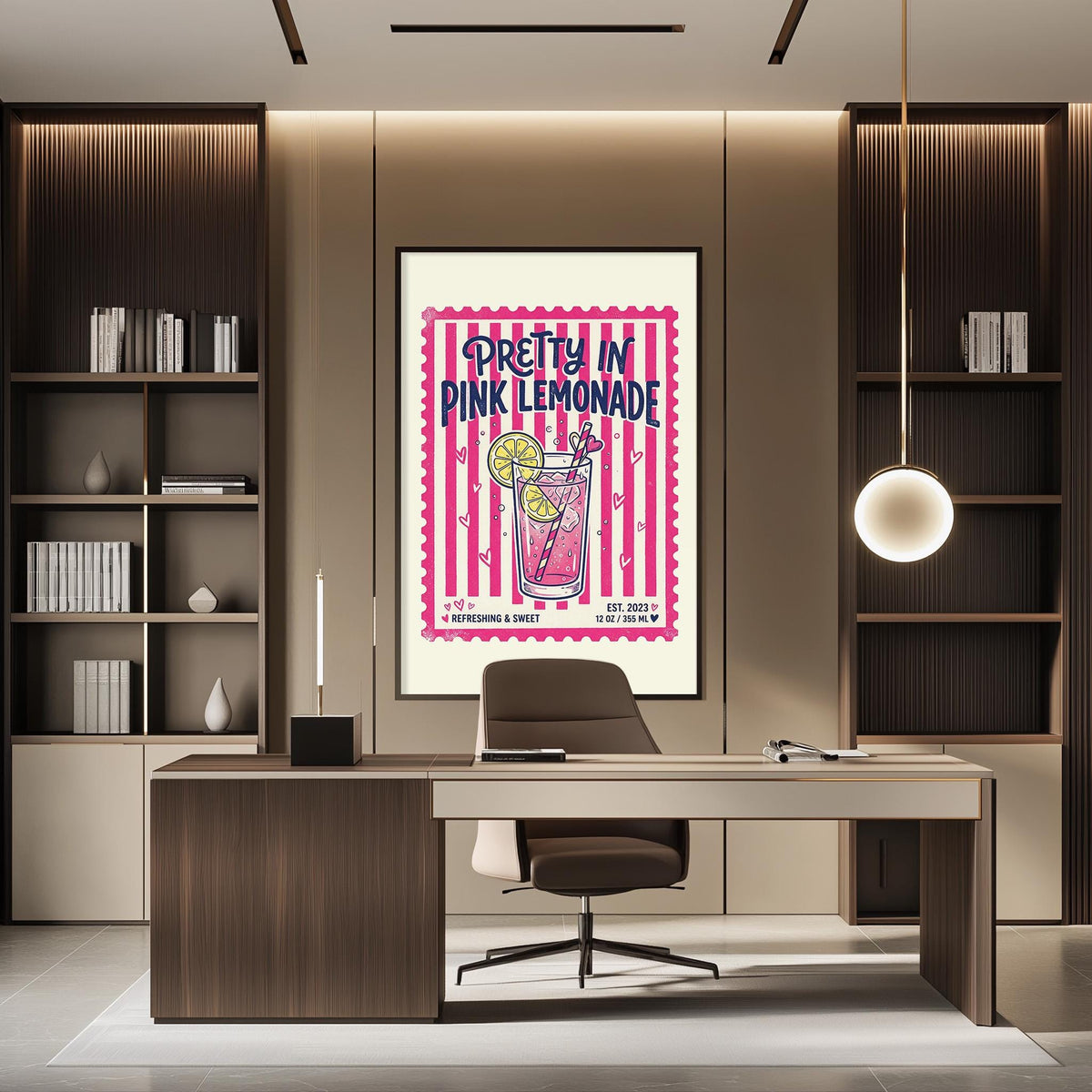 a modern office space with a large framed poster of a pink lemonade drink hanging on the wall. The poster has a pink and yellow color scheme and includes a stylized illustration of a lemonade glass. The office has a wooden desk and chair, and there are bookshelves on either side of the desk. The overall design of the space is contemporary and visually appealing.
