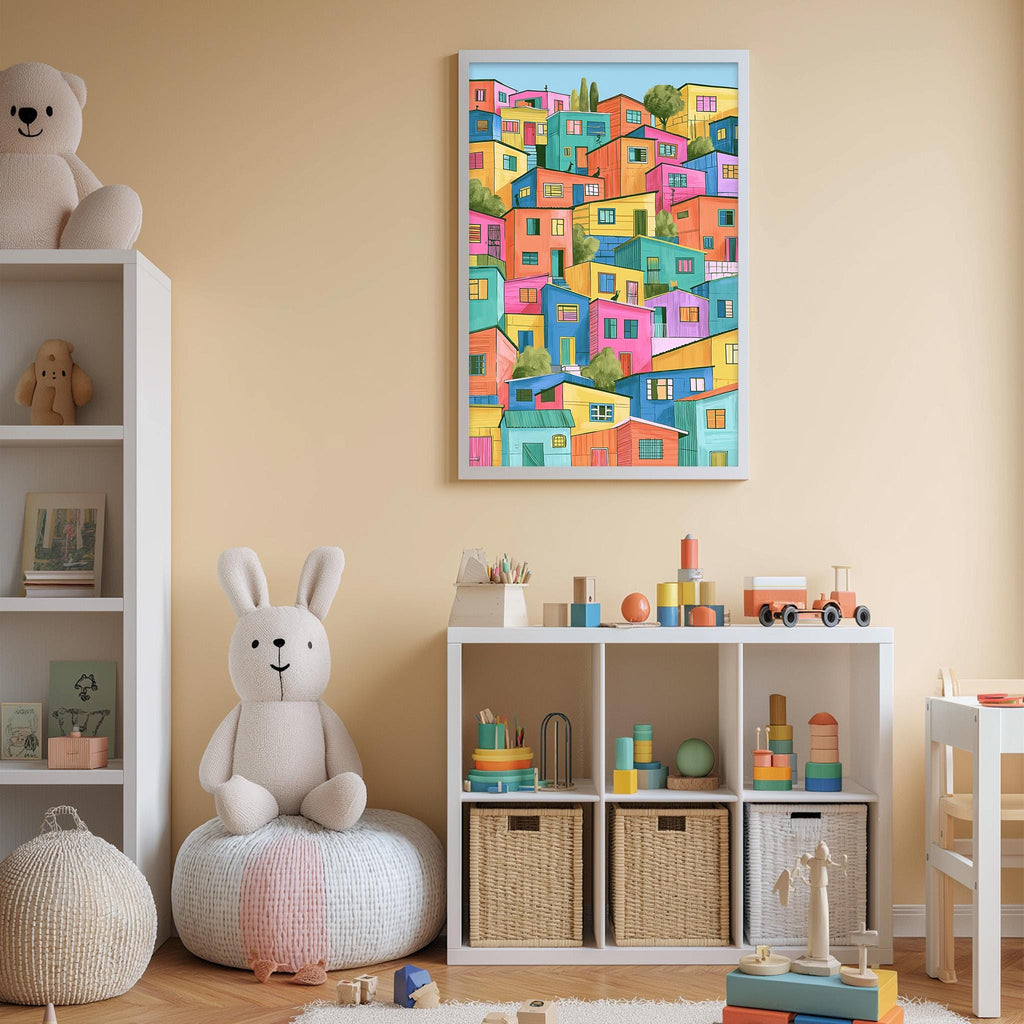 A child's bedroom with a large stuffed rabbit, a colorful painting of a city, and various toys and storage bins.