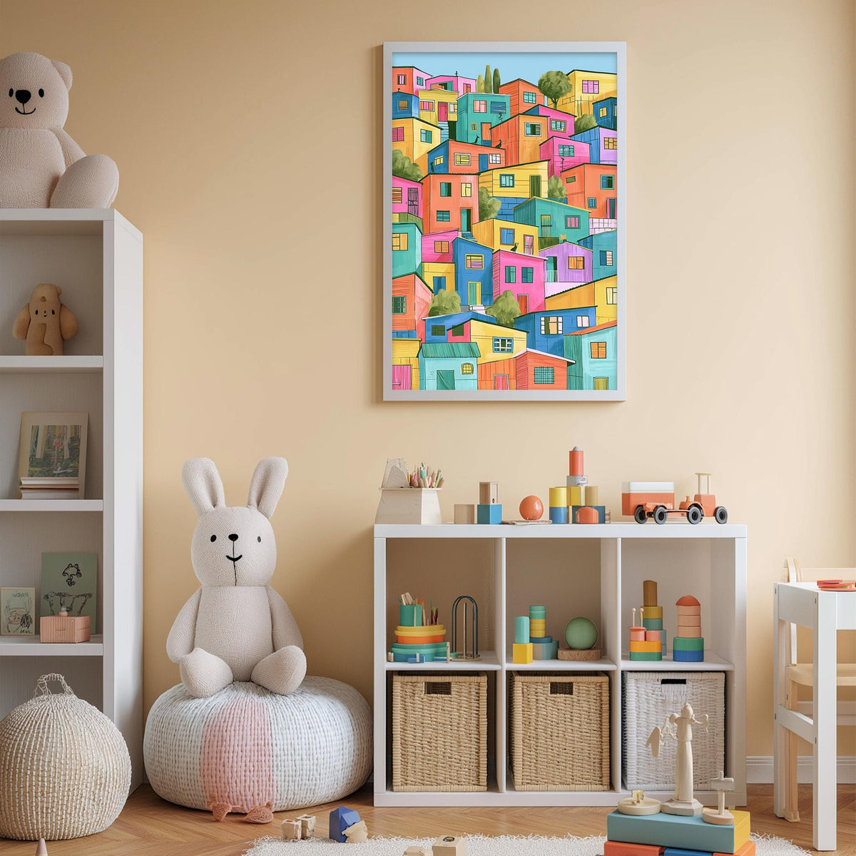 A child's bedroom with a large stuffed rabbit, a colorful painting of a city, and various toys and storage bins.