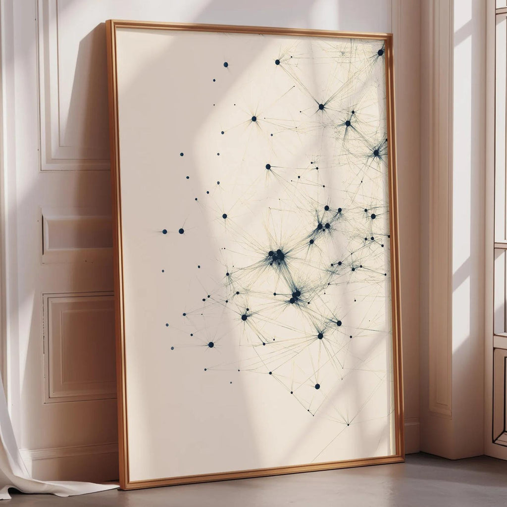 a large, framed artwork depicting a network of interconnected dots and lines on a white background.