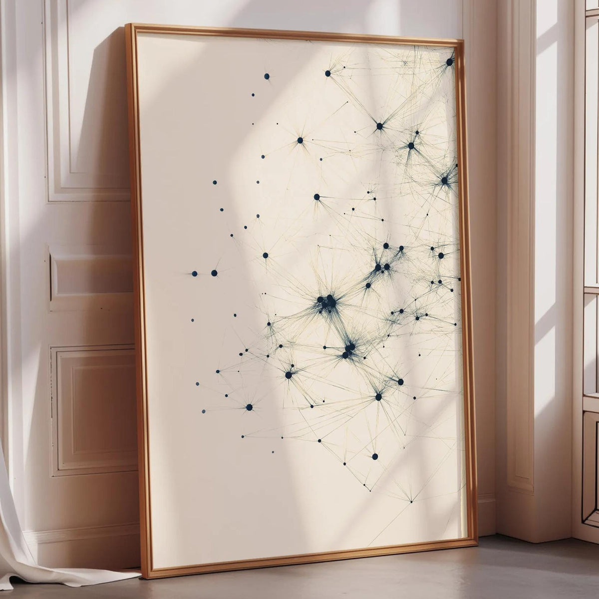 a large, framed artwork depicting a network of interconnected dots and lines on a white background.