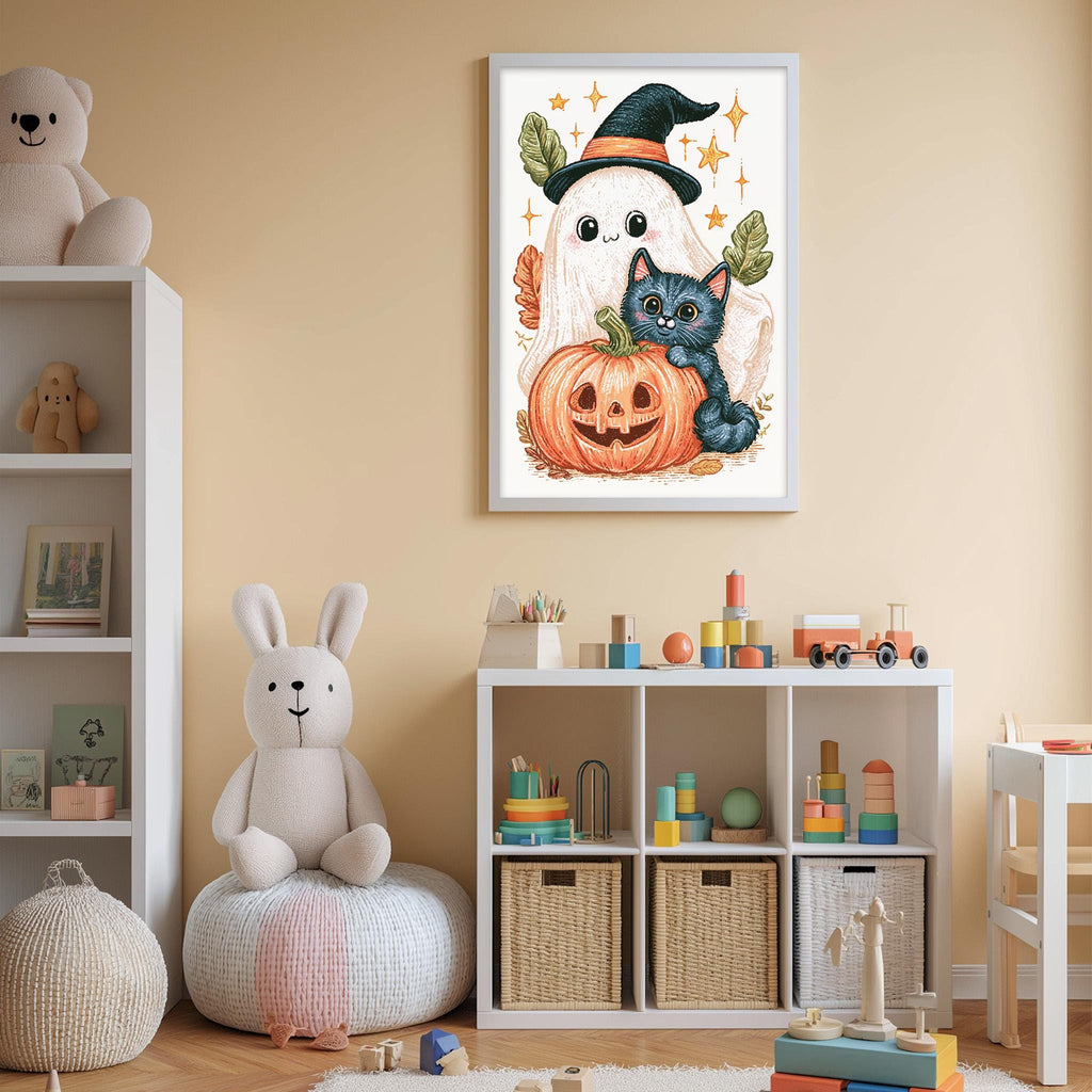 A cozy and colorful children's bedroom with a bookshelf, a bean bag chair, and a toy chest filled with toys. A framed illustration of a ghost, a witch, and a pumpkin is hanging on the wall, adding a festive touch to the room.