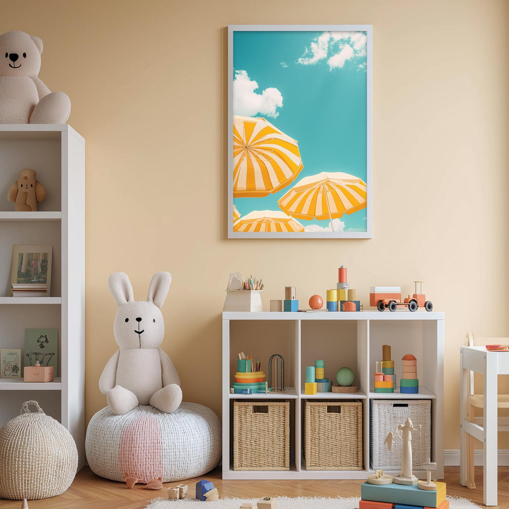 A cozy children's room with a white rabbit sitting on a bean bag chair, surrounded by shelves filled with toys and books, and a framed picture of a beach scene with colorful umbrellas.