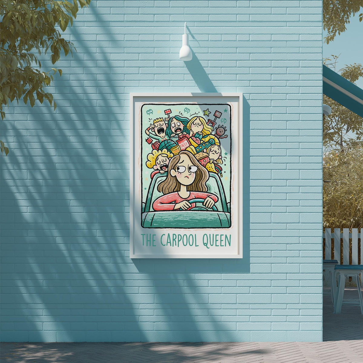 a poster of a woman in a car surrounded by various cartoon characters, with the text "The Carpool Queen" below the illustration.