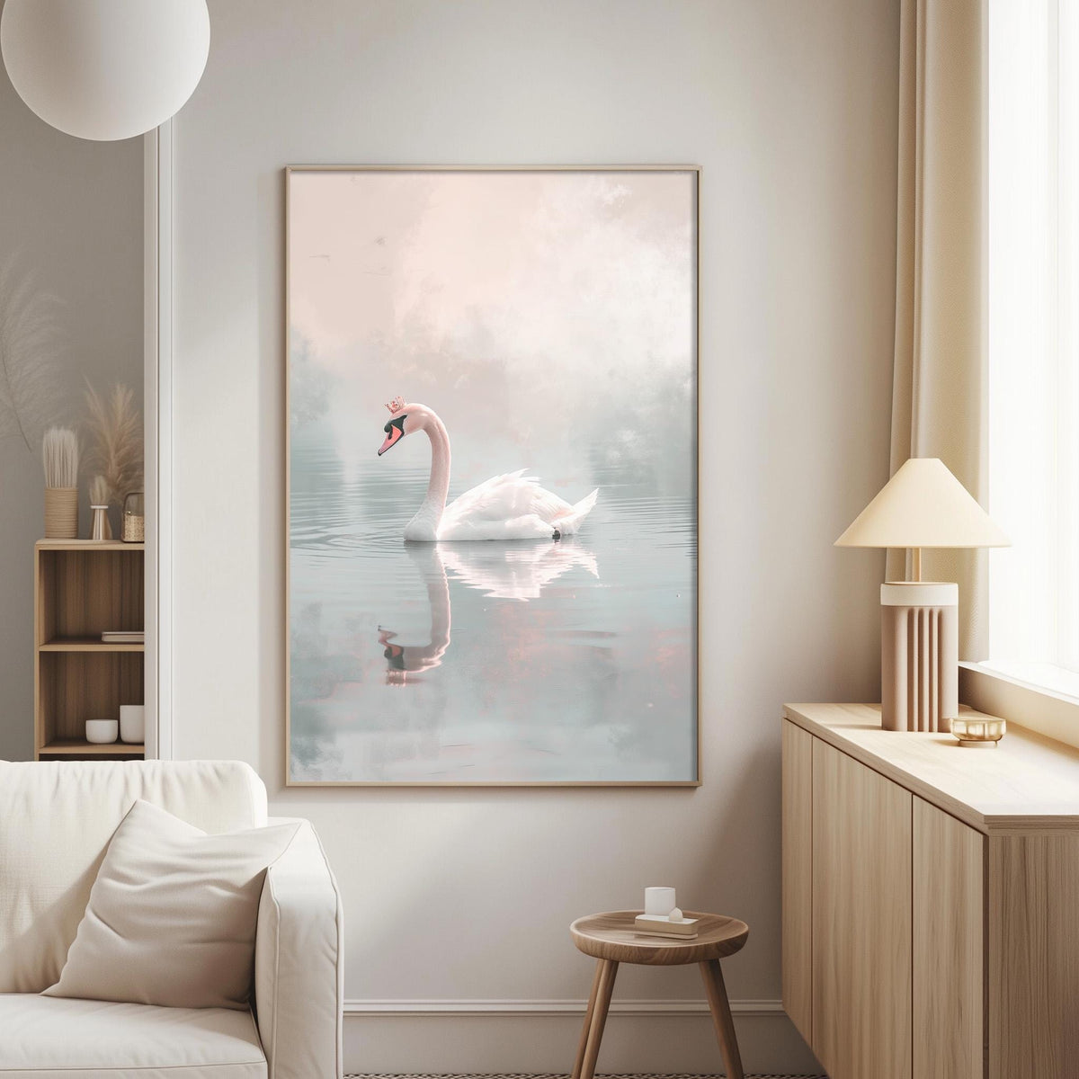 a large framed picture of a swan swimming in a pond, hanging on a wall in a living room.