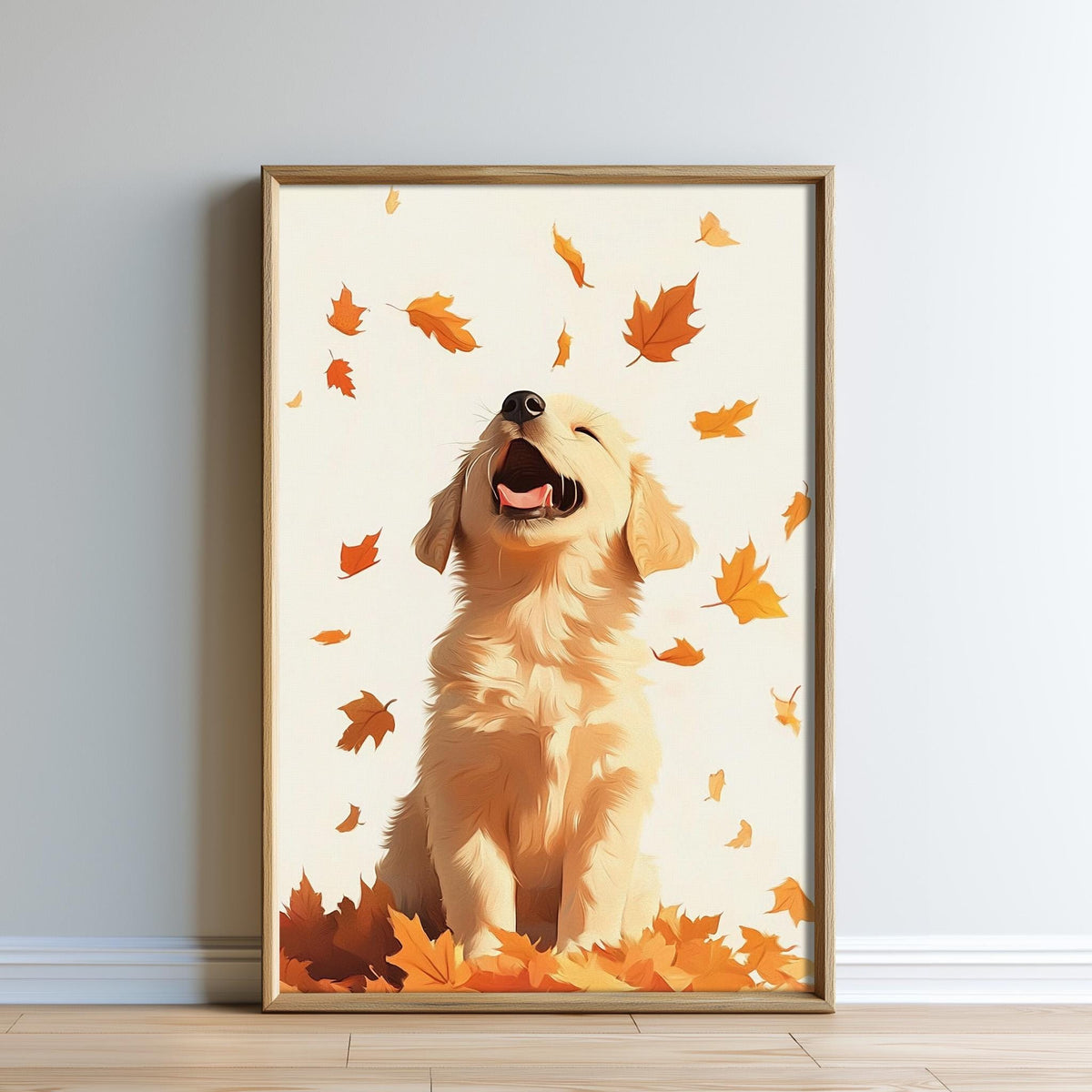 A framed illustration of a golden retriever dog sitting amidst a pile of autumn leaves, with the dog appearing to be in a joyful, playful mood.