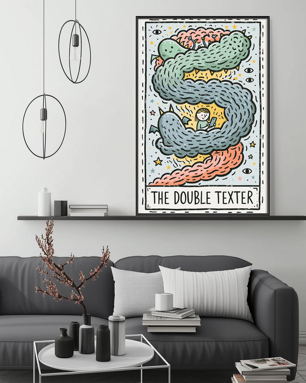 a large, colorful poster of a cartoon character on a wall above a gray couch in a living room setting.