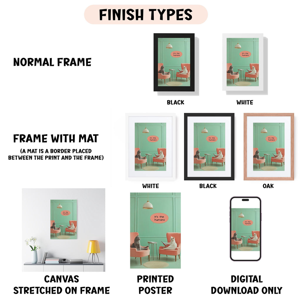 various types of framed artworks, including a normal frame, a frame with a mat, a white frame, a black frame, an oak frame, a white frame, a black frame, a canvas stretched on a frame, a printed poster, and a digital download only.