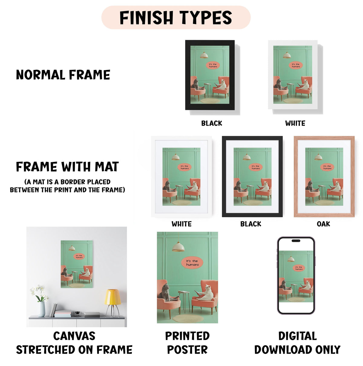various types of framed artworks, including a normal frame, a frame with a mat, a white frame, a black frame, an oak frame, a white frame, a black frame, a canvas stretched on a frame, a printed poster, and a digital download only.