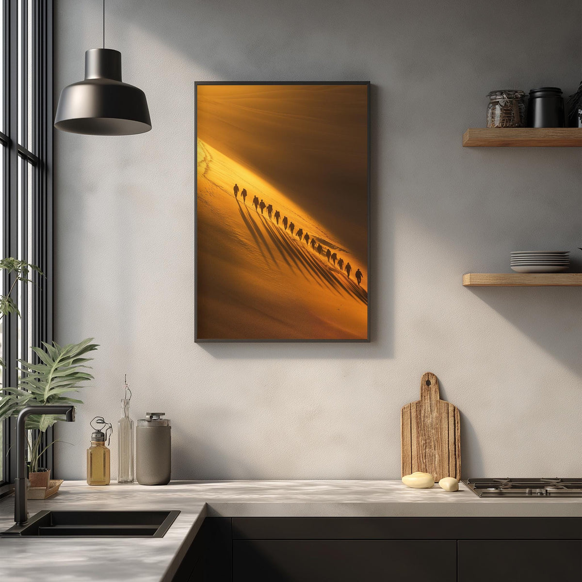 a modern kitchen with a large framed artwork depicting a group of people walking in a line on the wall above a kitchen counter.