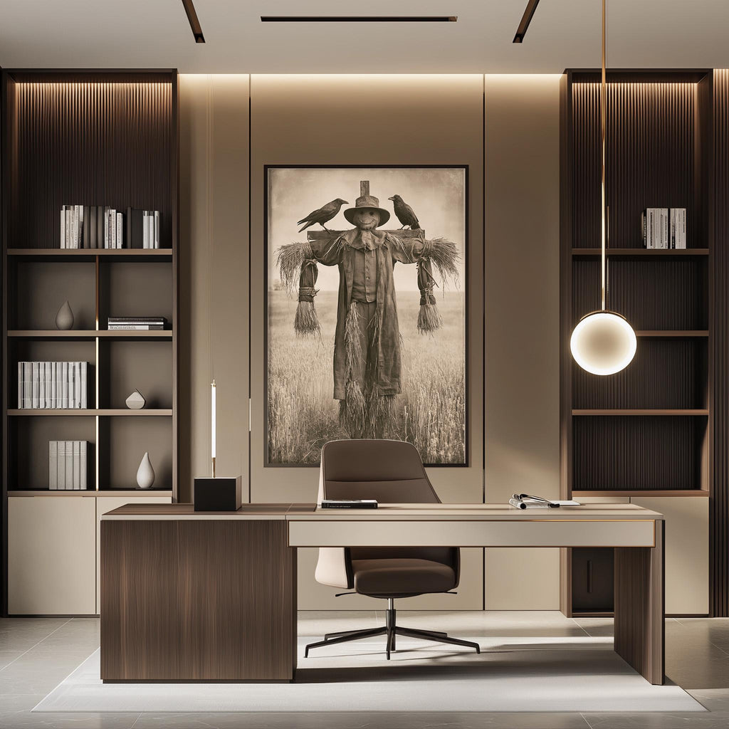 a modern office space with a large framed picture of a scarecrow on the wall. The office has a wooden desk, a chair, and a bookshelf. The overall design has a minimalist and contemporary aesthetic.