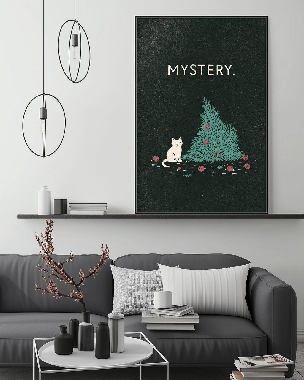 a cozy living room with a gray sofa, a coffee table, and a large framed poster of a cat sitting in front of a Christmas tree. The poster has the word "MYSTERY" written on it.