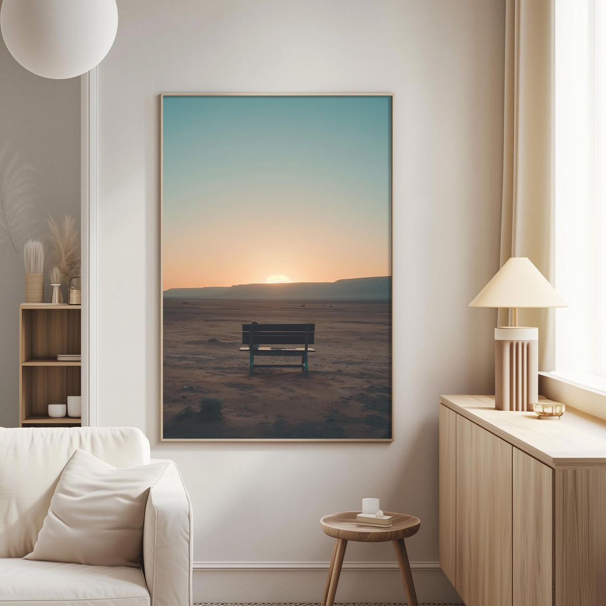 a serene scene of a bench situated in a desert landscape, with the sun setting in the background.