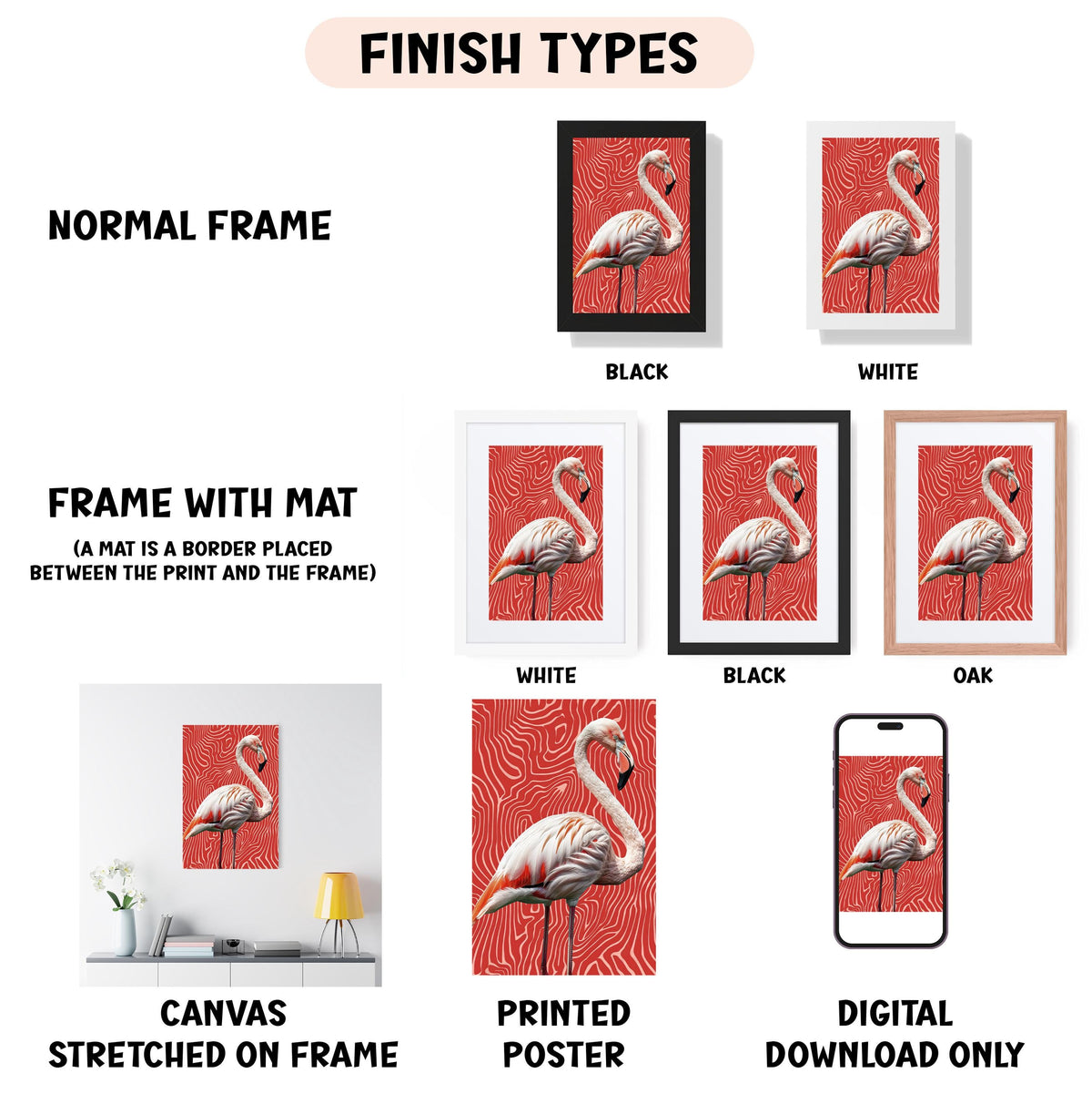 various types of framed artwork, including a flamingo, a mat, and a smartphone displaying a poster. The artwork is presented in different frame colors and styles, such as a normal frame, a black frame, a white frame, and an oak frame. The artwork is also described as a canvas stretched on a frame, a printed poster, and a digital download only.