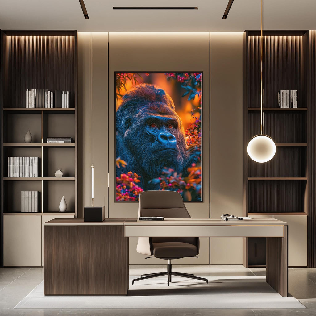 a modern office space with a large framed picture of a gorilla on the wall, creating a unique and interesting focal point in the room.