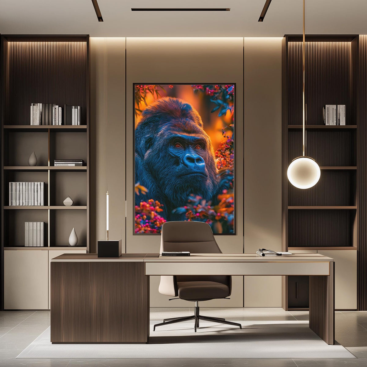 a modern office space with a large framed picture of a gorilla on the wall, creating a unique and interesting focal point in the room.