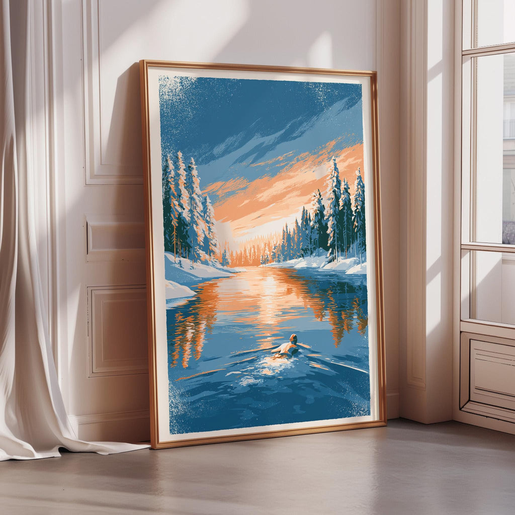 A framed painting depicting a serene winter landscape with a person skiing on a frozen lake, surrounded by snow-covered trees and a vibrant sky.
