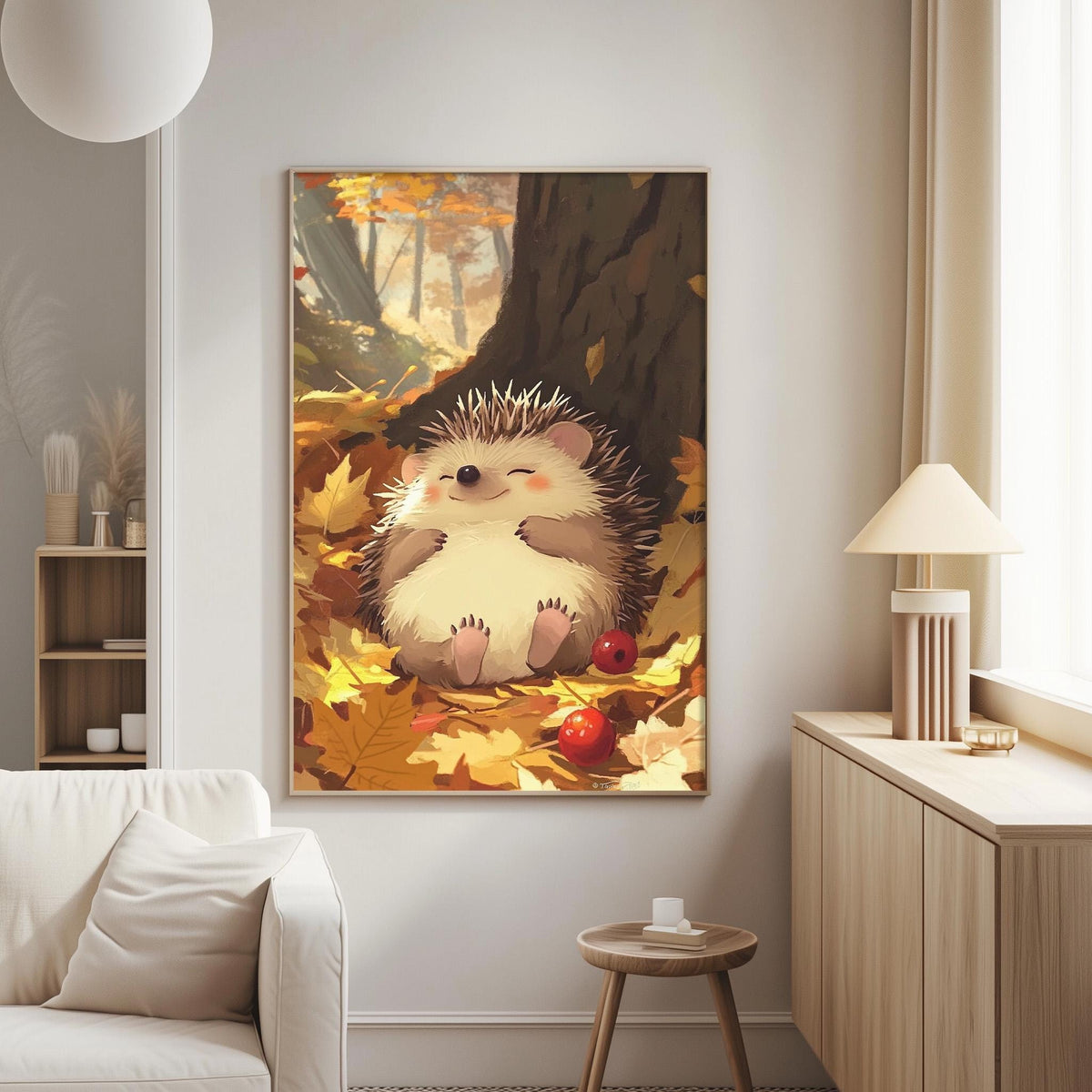 a cozy living room with a large painting of a hedgehog resting on a bed of autumn leaves hanging on the wall.