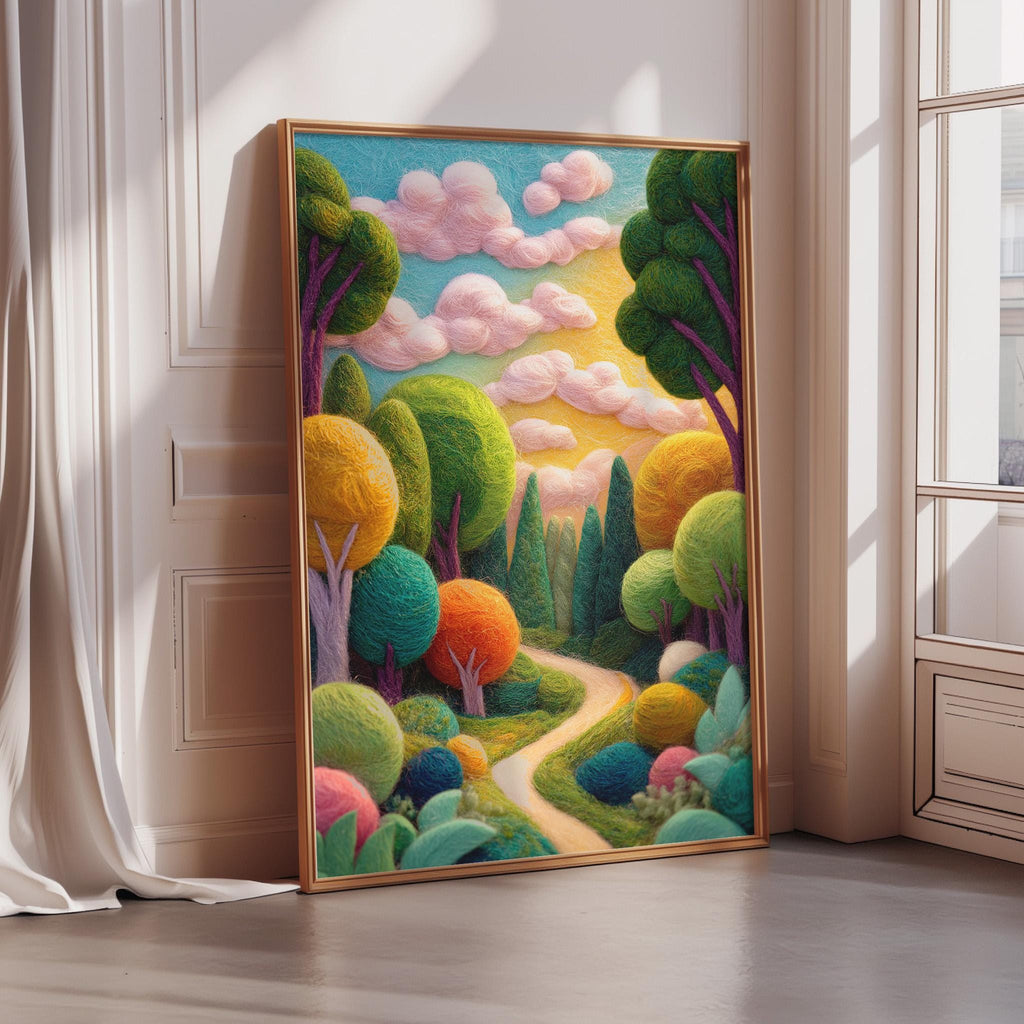 A large, colorful painting depicting a whimsical, fantastical landscape with a winding path, trees, and a vibrant sky with clouds.