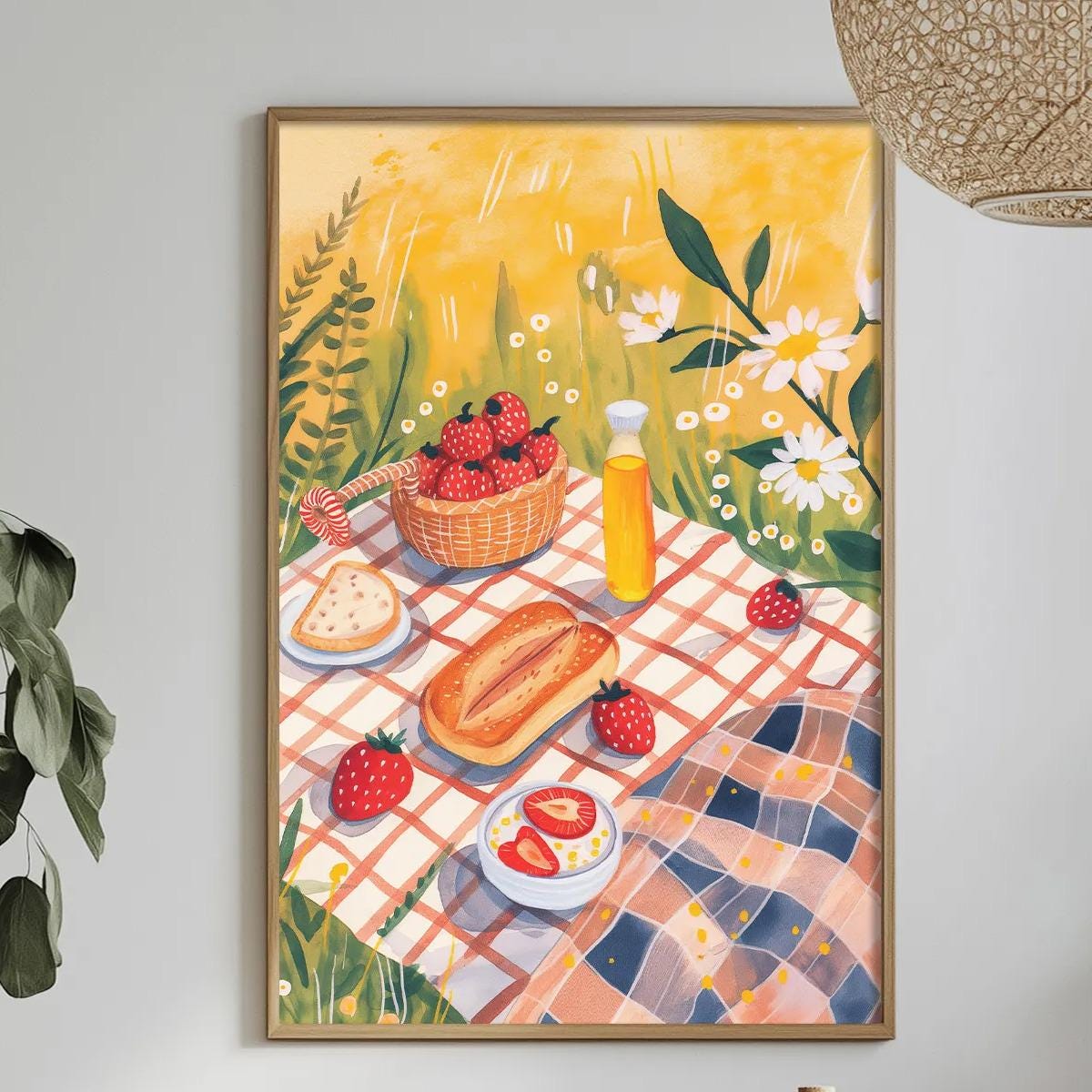 a cozy dining scene with a table set for a meal, featuring a basket of fresh strawberries, a loaf of bread, and a vase of flowers. The table is adorned with various dishes, including bowls, plates, and a bottle, creating an inviting atmosphere for a meal. The room is decorated with potted plants and a hanging light fixture, adding a touch of nature and warmth to the space.