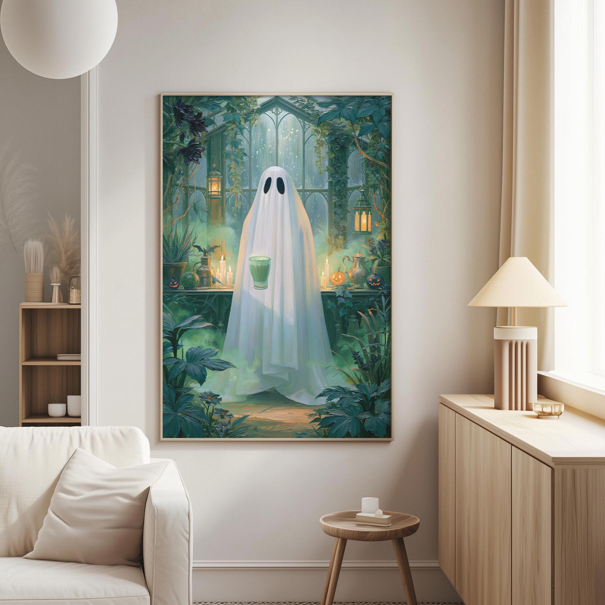 a large painting of a ghost standing in a lush, green garden with a white lamp and a white sofa in the foreground.
